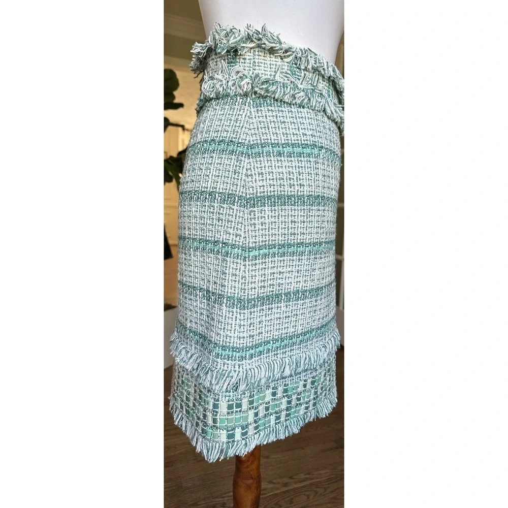 Tory Burch Nora Skirt Size 8 Green White Tweed Fringe Trim Designer Women's - Picture 4 of 12